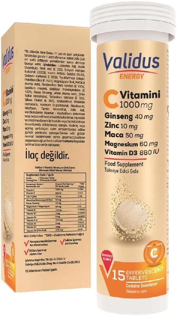 Validus Enerji C Vitamini 1000 mg + Ginseng + Çinko + Maca Efervesan Tablet