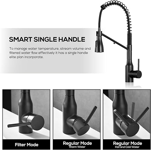 Miniatura 4 de Grifos de cocina 3 en 1 con boquilla de filtro de agua, grifo de agua potable de 3 vías, grifos de cocina negros de una sola manija con rociador