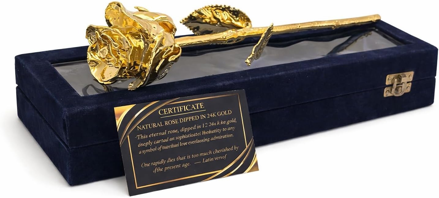 Eternal Rose 24k Gold Dipped Real Rose, 11 Inch Preserved Flower with Gift Box, Romantic Valentine's Day Gift, Anniversary Birthday Mother's Day Wedding Day, Marriage Proposal