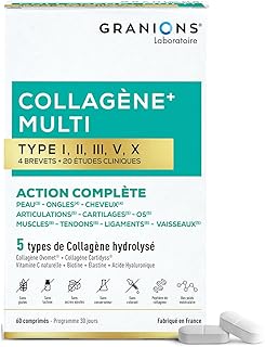 MULTI Collagene - 5 Types de Collagène - GRANIONS Collagène N°1 en Pharmacies - Collagene Marin, Collagene Type 2 - Vitamine C et Acide Hyaluronique - 20 études cliniques - 60 Comprimés = 1 mois