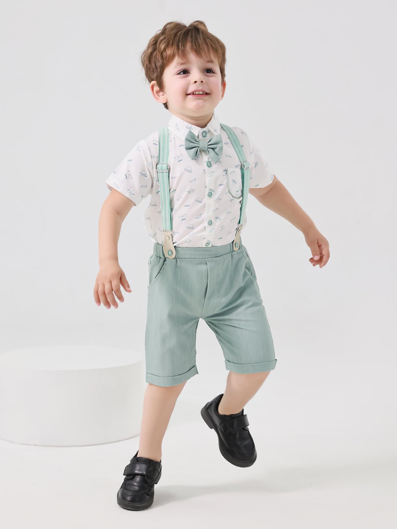 Boarnseorl Baby Boys Gentleman Outfits Shorts Sets,Infant Shirt + Shorts + Bow Tie + Suspenders,18-24M