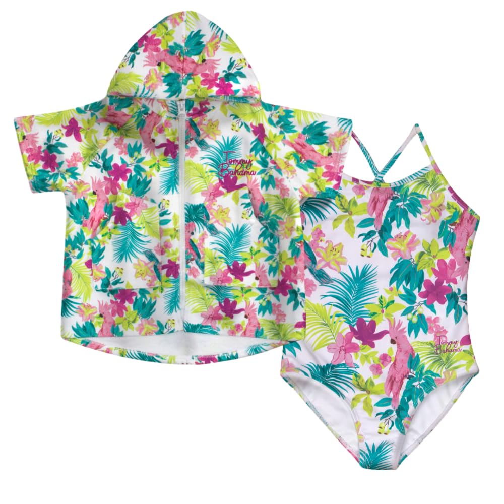 Tommy Bahama Girl's Swimsuit and Cover Up Set - Bathing Suit and Zip-Up Hooded Cover Up Bundle for Kids and Toddlers