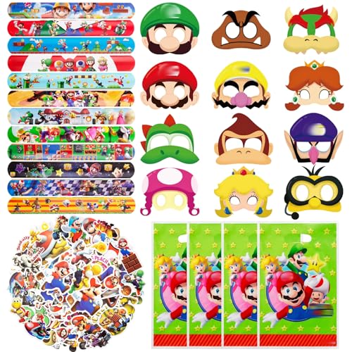 yumcute 84PCS Mro Party Bag Fillers Game Theme Party Favors for Kids 50 Cartoon Stickers 12 Snap Bracelet 10 Party Bags 12 Masks Kids Goodie Bag Gifts Rewards