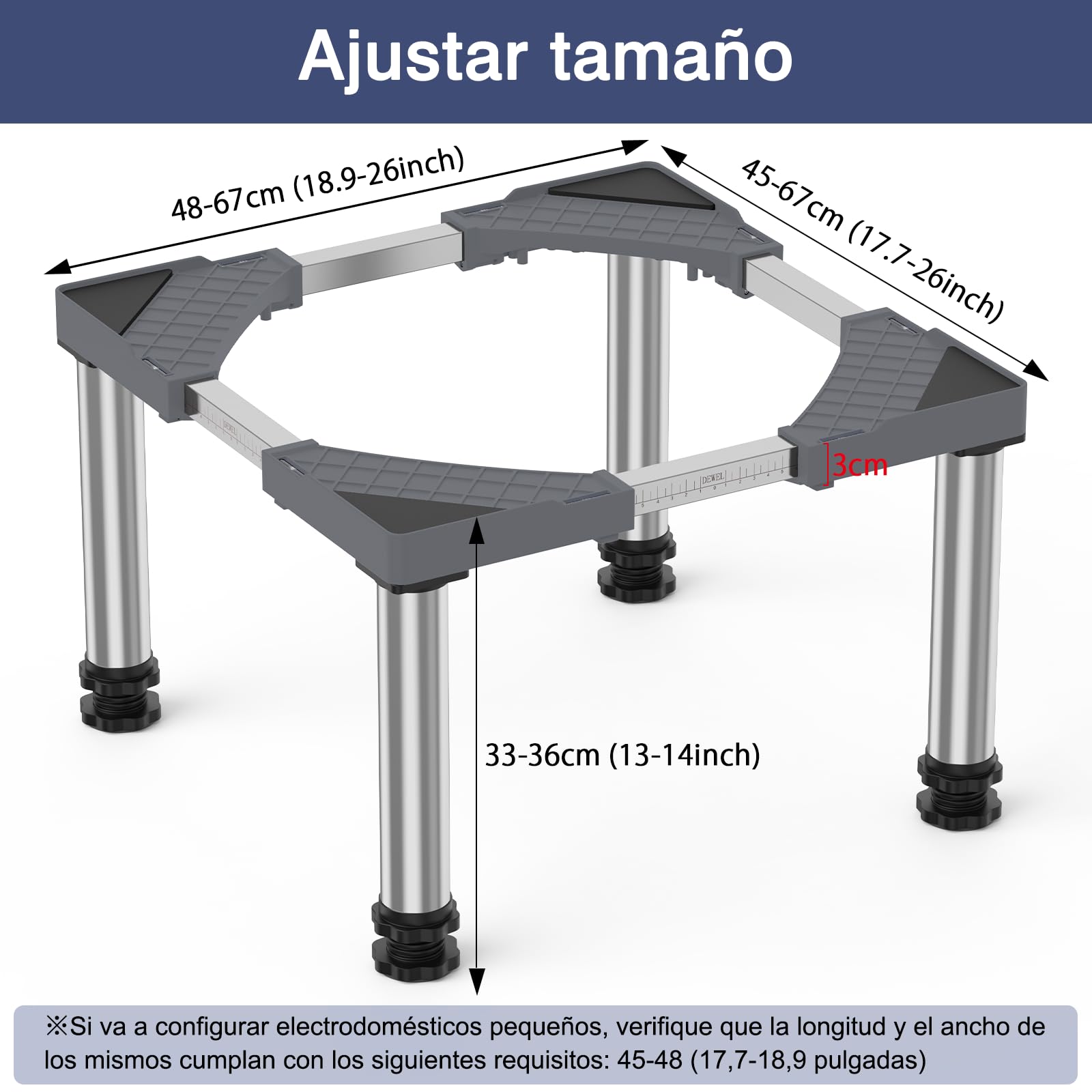 DEWEL Mini Base para Refrigerador, Base Ajustable para Lavavajillas, Altura Ajustable de 33-36cm, para Lavavajillas, Congelador Horizontal, Armario de Cocina y Electrodomésticos Estáticos Gris