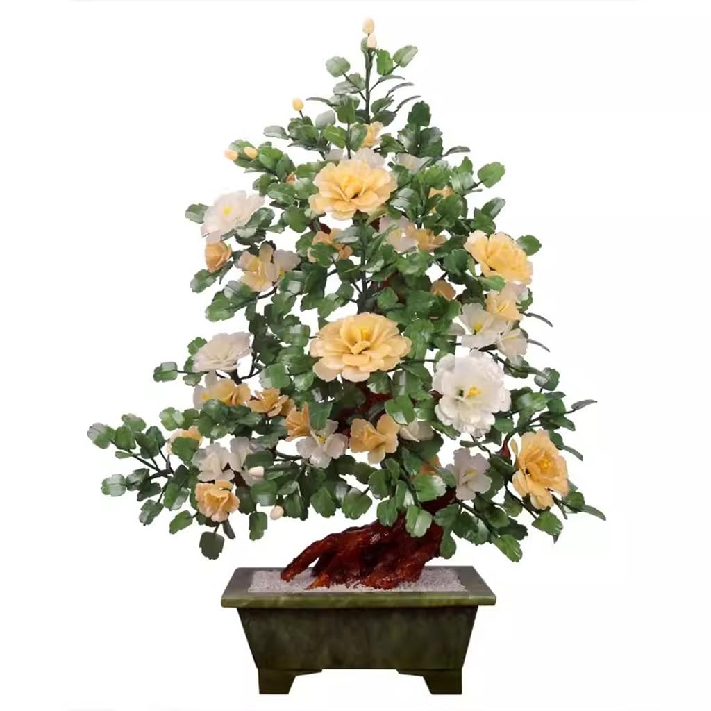 AYCDL Artificial Bonsai Tree Jade Carving Peony Flower Corridor Living Room Jewelry Jade Carving Large Jade Office Handicraft Decoration Desktop Display Fake Plant Greenery Dec