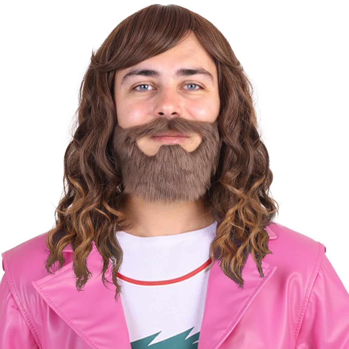 ColorGround Medium Brown Curly Cosplay Wig with Beard for Men Halloween Party