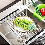 YKL Over the Sink Multi-purpose Roll-Up Dish Drying Rack, Stainless Steel and Silicon Foldable Kitchen Sink Rack, Silver&Black