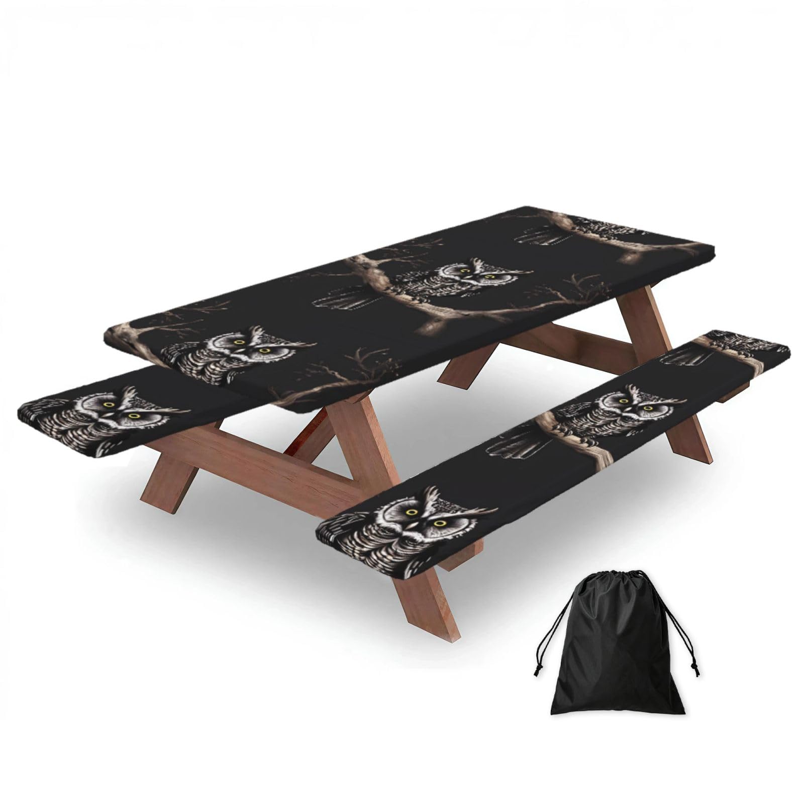 Hhbiuuo Black 72In Camping Table Cover & Bench Covers 3-Pack Set, Late Night Owl Print Tablecloths, For Rectangle Tables Picnic