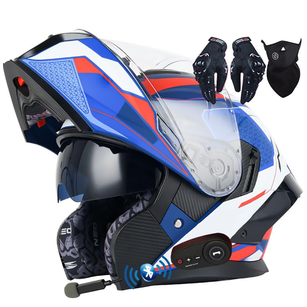 Letetexi Bluetooth Flip-up Modular Motorcycle Helmet ECE Approved Motorbike Front Helmet Anti-fog Visor Tinted Motorbike Helmets Racing Crash Karting Full Face Motorbike Helmets XXL