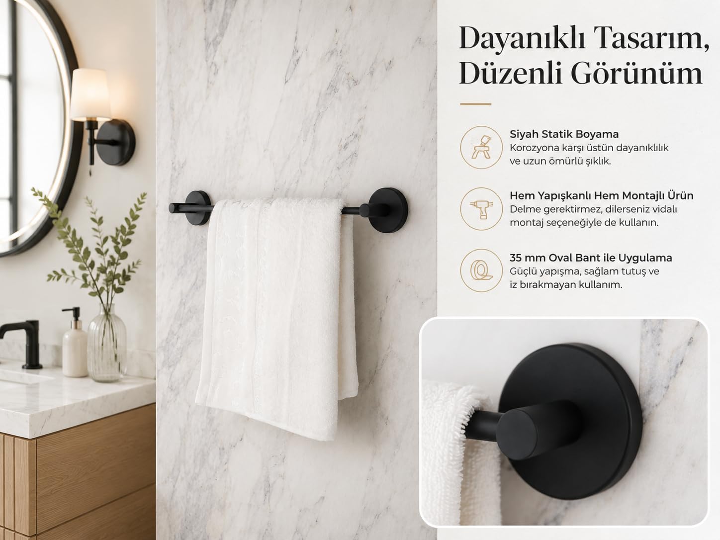 Lotus Siyah Uzun Havluluk, Yapışkanlı ve Vidalı Montajlı Havlu Askısı, Mat Siyah Statik Boyama, 35 mm Oval Bantlı Banyo Havlu Tutucu