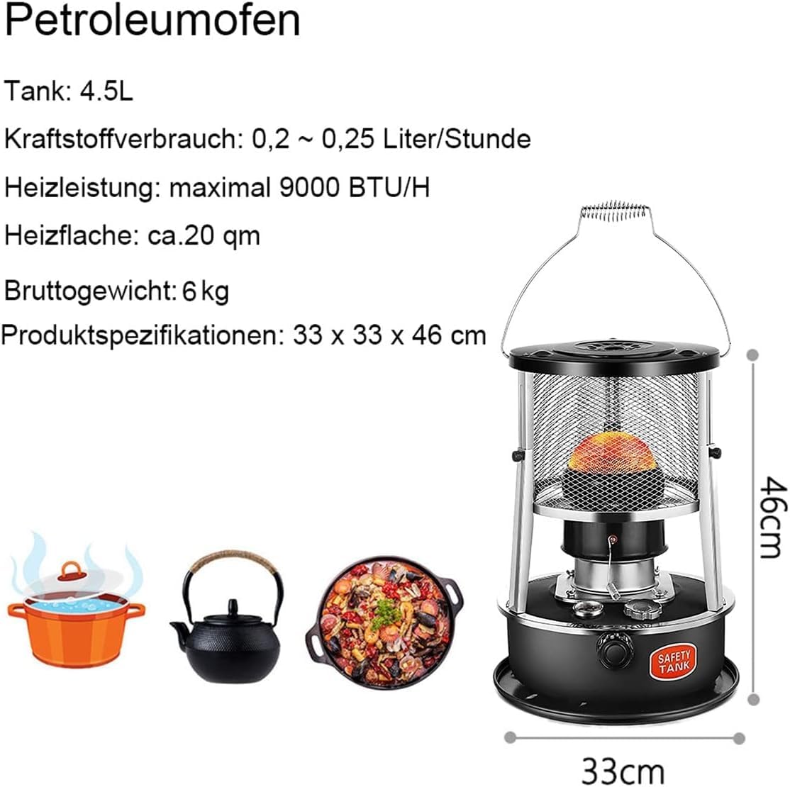Riscaldatore a cherosene, in acciaio inox, 4,5 l, portatile, per interni ed esterni, per campeggio, riscaldamento a convezione per terrazza e patio