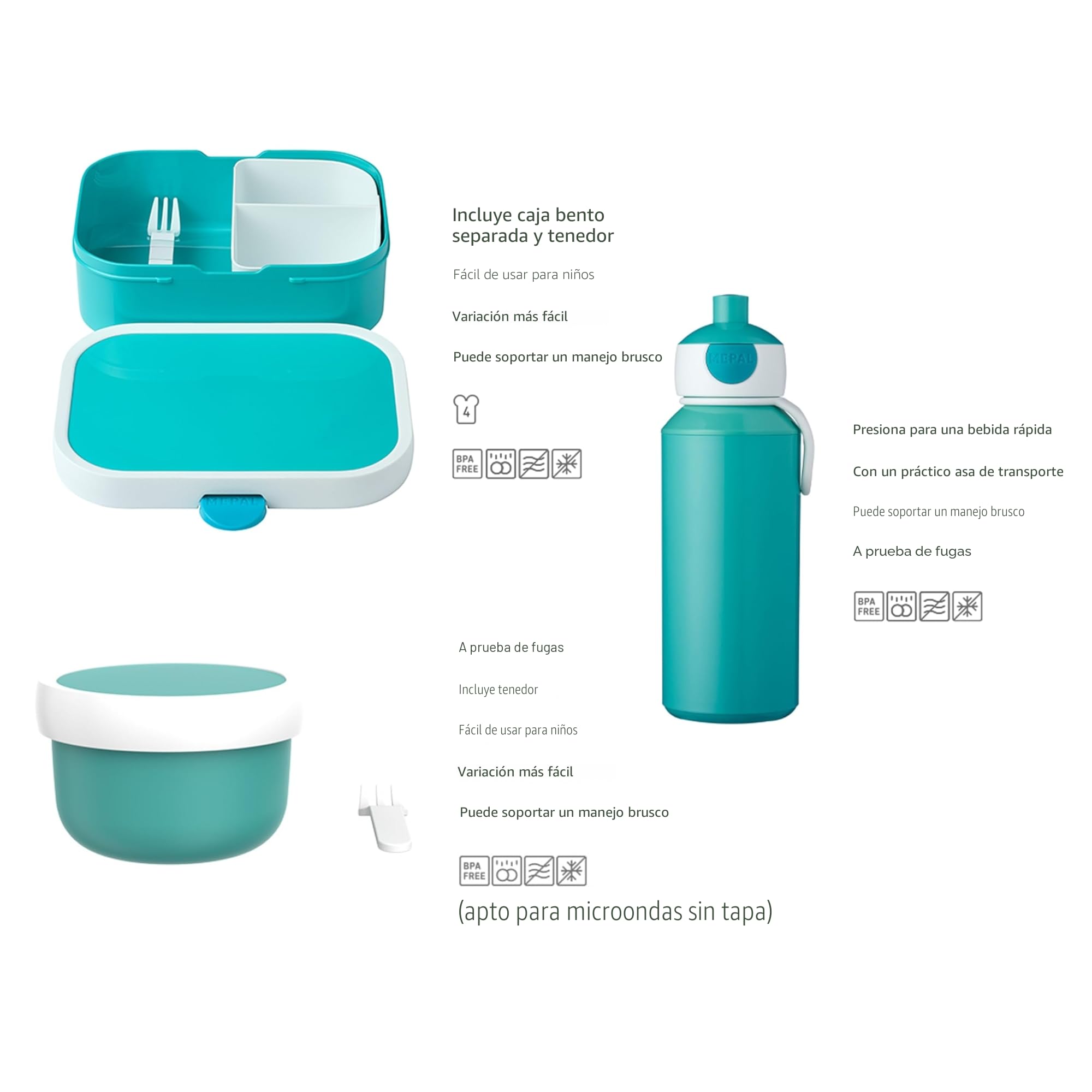 Mepal - Set de Almuerzo Campus - Fiambrera para Niños con Botella Pop-up, Fiambrera y Cajita para fruta - Set de Almuerzo para el Colegio o para Llevar - Sin BPA - 400 + 750 + 300 ml - Unicorn Glow