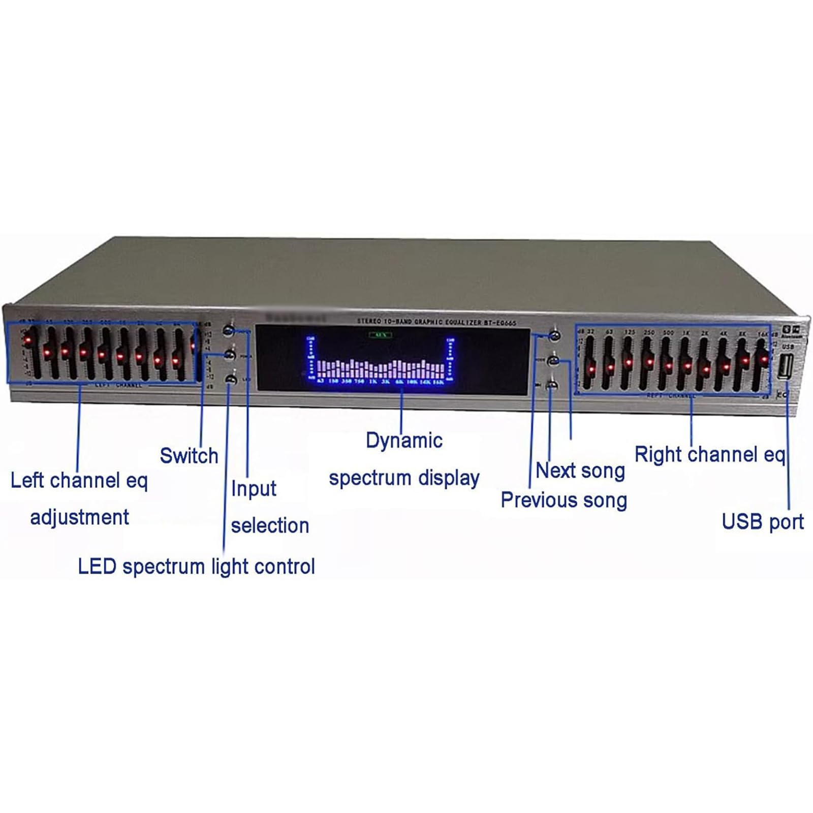 Ecualizador De Audio HiFi De 20 Bandas, Ecualizador Profesional con Efectos Gráficos Digitales, con USB Y Control Remoto Integrados, Pantalla LED De Espectro, para Estudio De Grabación.