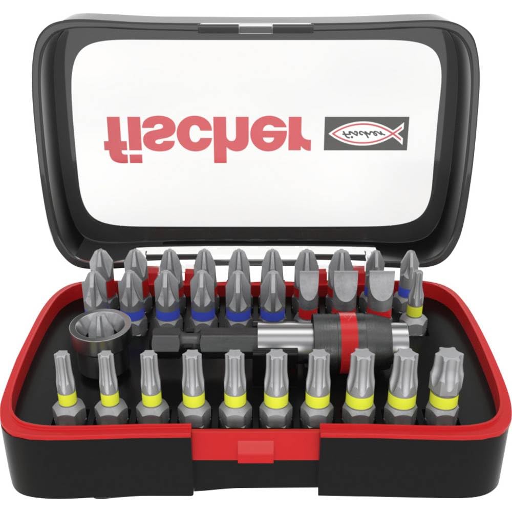 fischer 559121 - Juego profesional de puntas para atornilladora para un cambio rápido, uso universal con los portapuntas más comunes, incluye sistema de guía de colores, 32 piezas, color plateado
