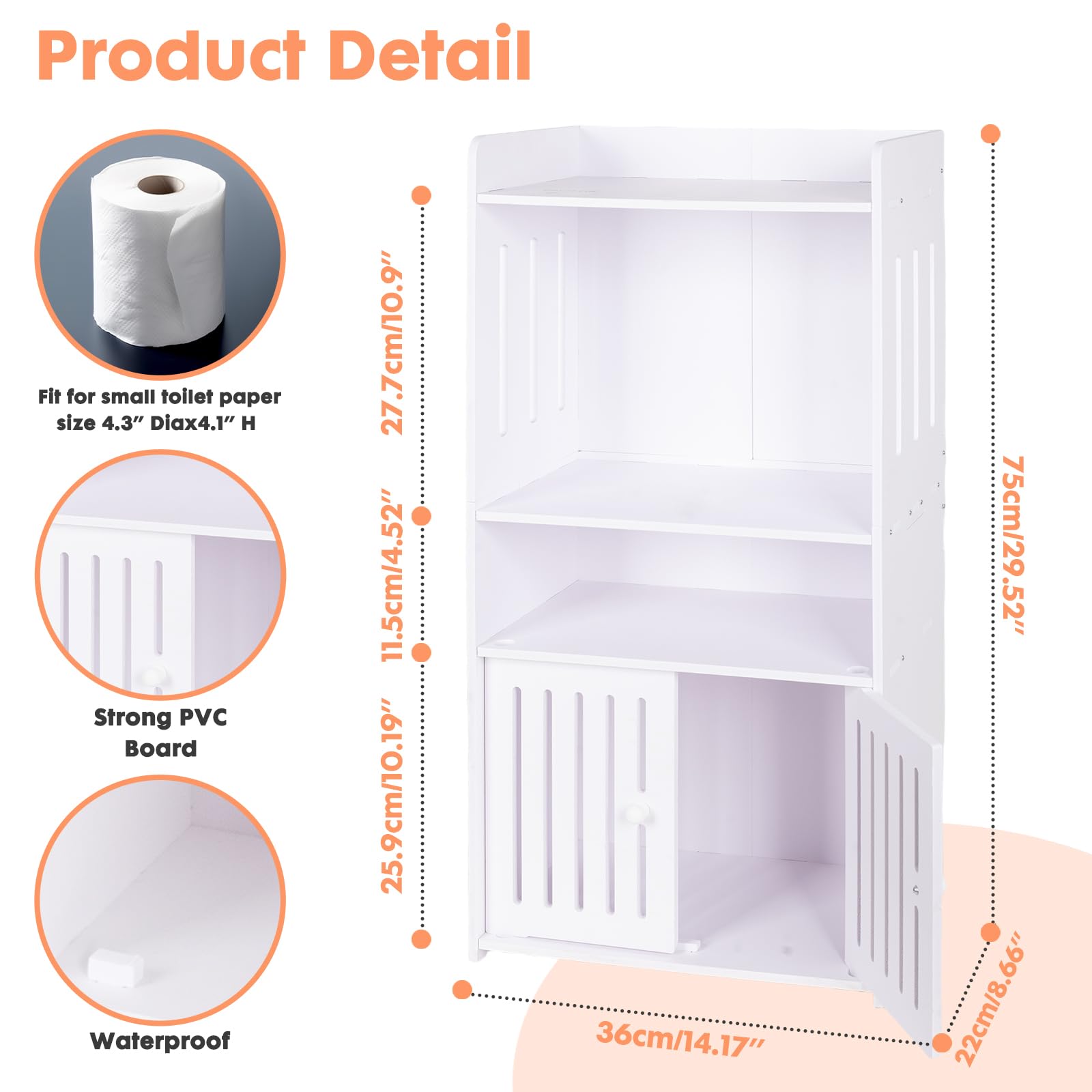 powerking 4-Tier White Bathroom Storage Cabinet，Organizador Independiente con Puertas y estantes, Armario de Piso de Almacenamiento Impermeable para baño, Inodoro, Oficina, Sala de Estar, Cocina