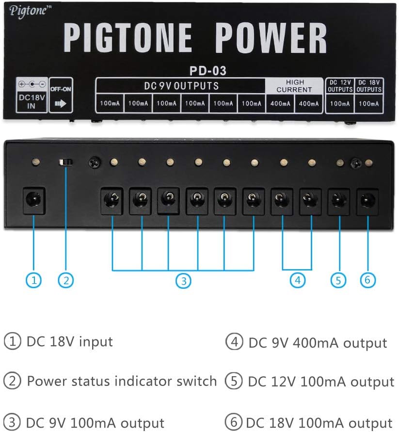 Guitar Effect Pedal Power Supply 10 Independent DC Outputs Suitable for 9V 12V 18V 100mA 400mA Short Circuit and Over Current Protection PD-03