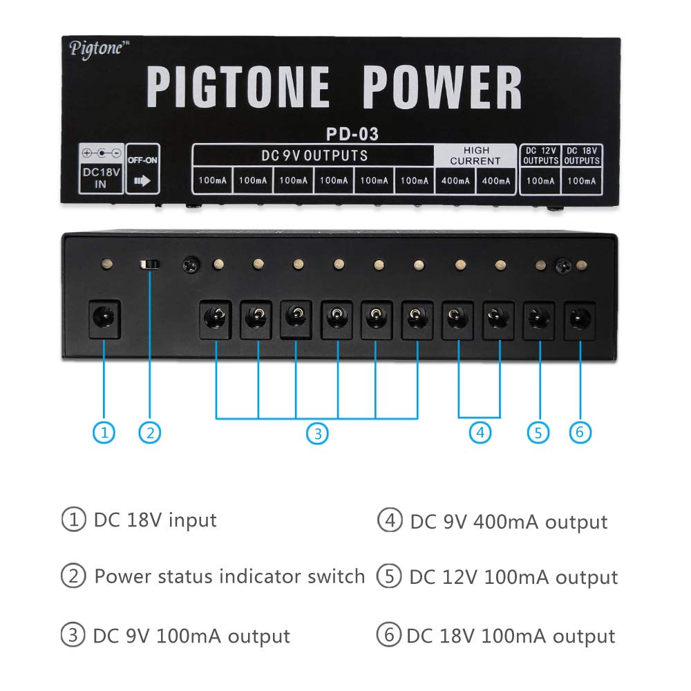 Gitarren-Effektpedal-Netzteil 10 unabhängige DC-Ausgänge geeignet für 9V 12V 18V 100mA 400mA Kurzschluss- und Überstromschutz PD-03