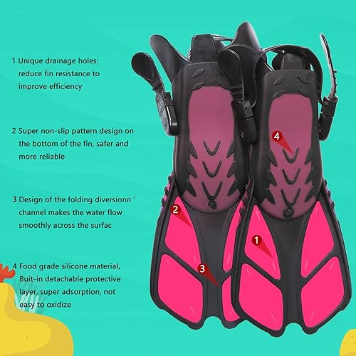 Miniatura 5 de Ertong Juego de esnórquel para niños, incluye aletas de natación ajustables + tubo de respiración automático + máscara de esnórquel de lente de