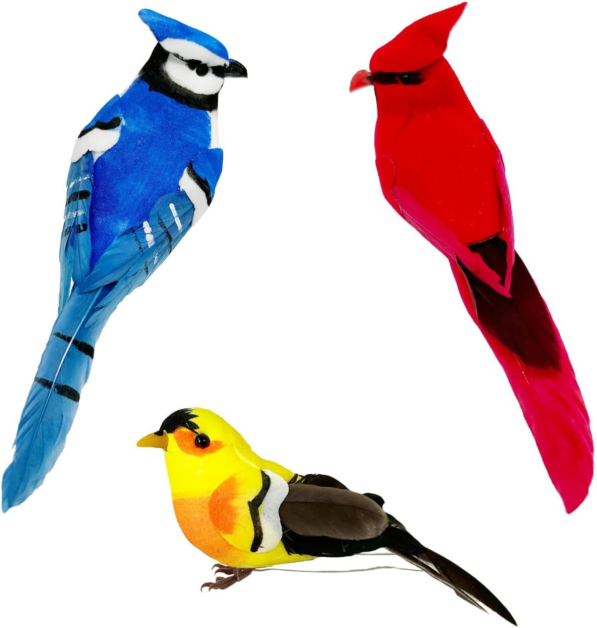 LWINGFLYER 3pcs Artificial Birds Realistic Red Cardinal Blue Jay Yellow Goldfinch with Wire Feet Assorted Birds Ornaments for Christmas Tree Decoration and Crafts 3pcs With Wire Feet