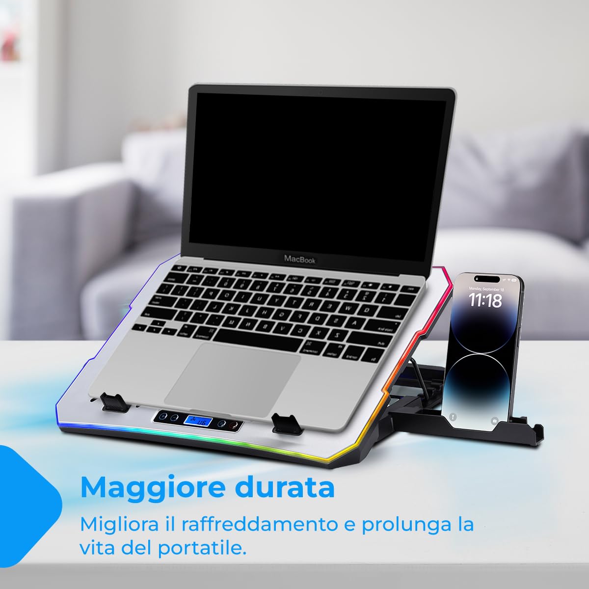 NK Base di raffreddamento portatile 17" LED RGB 6 ventole silenziose velocità regolabili 4 altezze regolabili USB telefono holder
