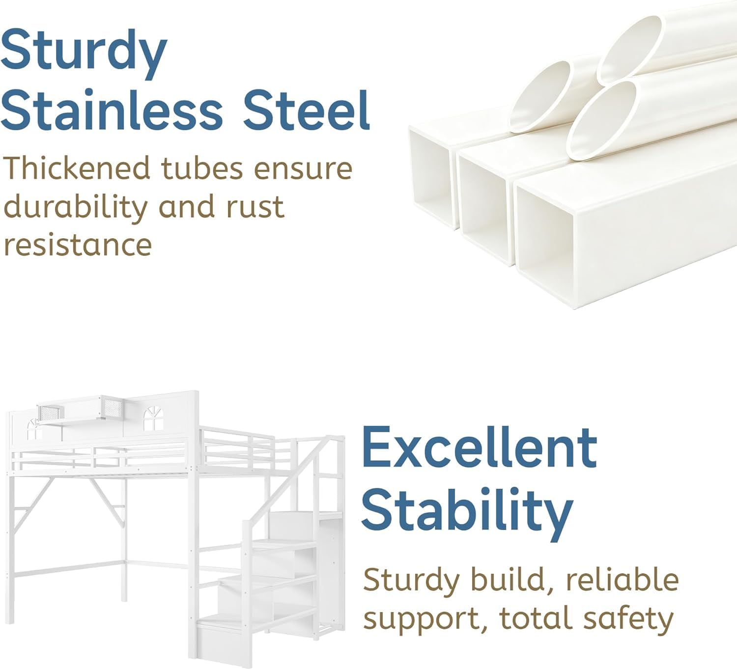 White Full Metal Loft Bed with Stairs, House-Shaped Guardrails & Built-in Wardrobe – Space-Saving Kids & Teens High Loft Bed