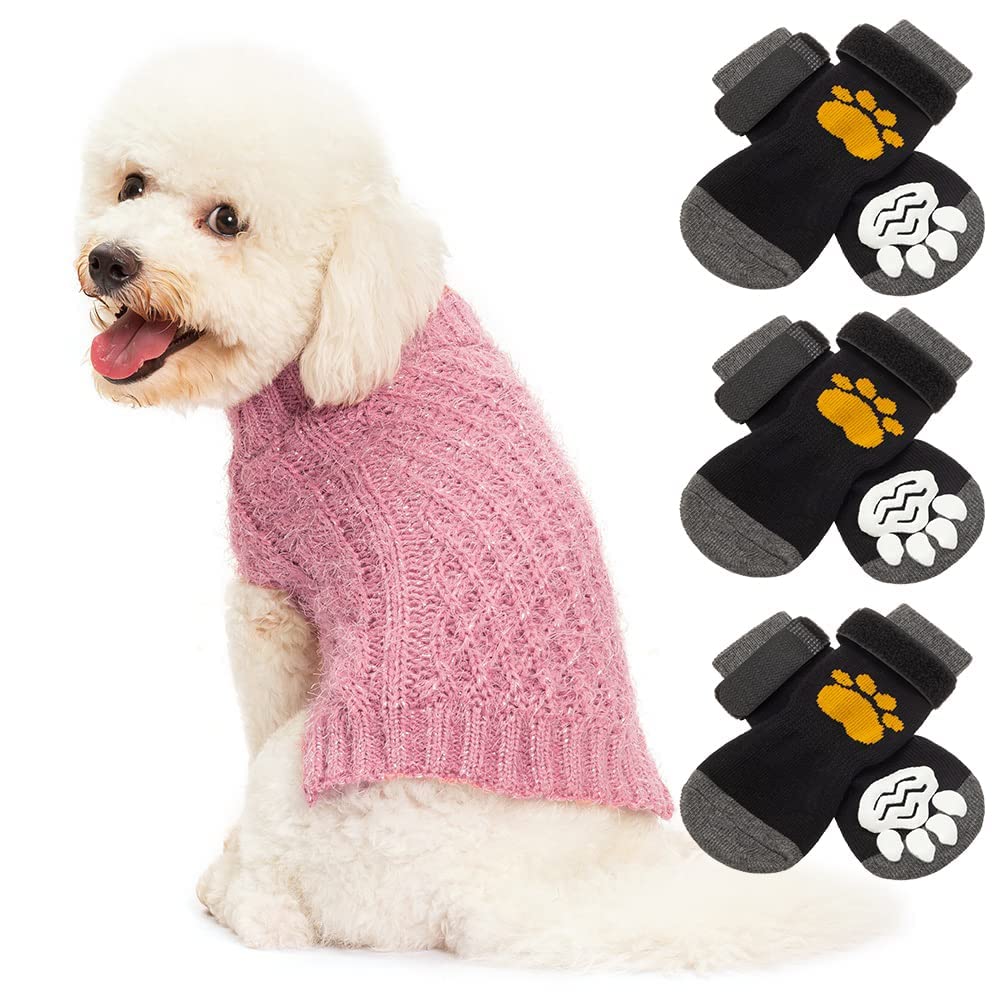 SCIROKKOTurtleneck Dog Sweater(Pink/XS) with 3 Pairs Anti-slip Dog Socks(Small) - Best Winter Gift for Doggies Keep Warm, Paw Protection Indoor Easy Control