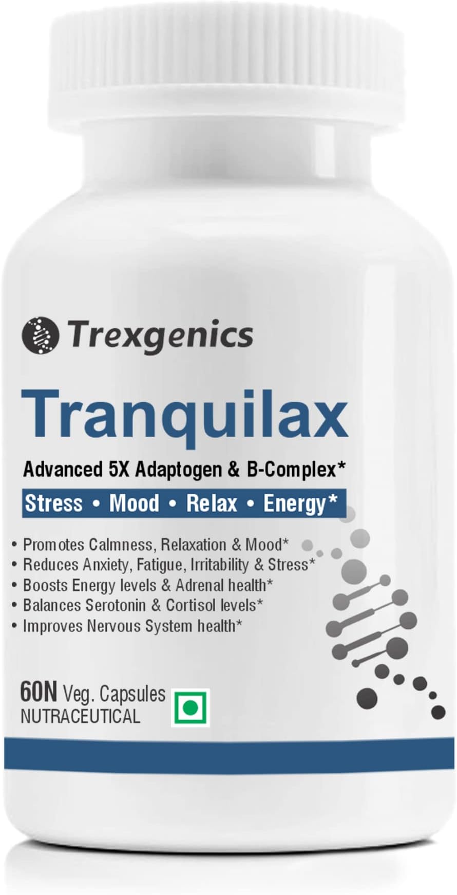 Trexgenics Tranquilax 5X Adaptogen + Full Spectrum Vitamin B - Complex Capsules for Synergistic Stress, Energy and Nervous System Support (60 Veg. Capsules)