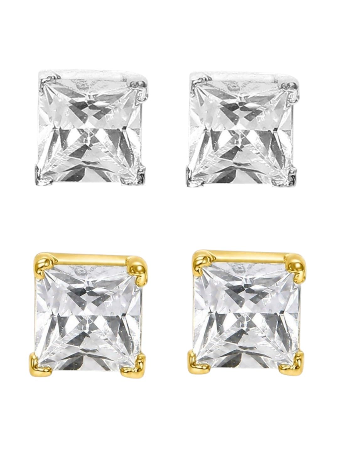 oomph Jewellery Combo of 2 Silver & Gold Stud Earrings For Men Stylish - Solitaire Cubic Zirconia - Small Sqaure Shape-picture-37