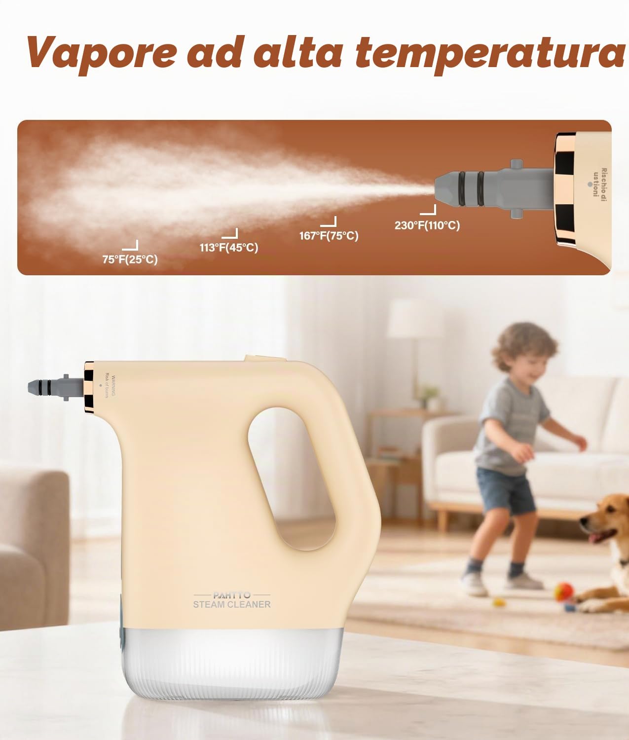 PAHTTO 1200 W Pulitore a vapore manuale, riscaldamento rapido in 20 secondi Pulitore a vapore manuale con serbatoio trasparente da 450 ml e 16 accessori, per cucina, bagno, divani, tappeti