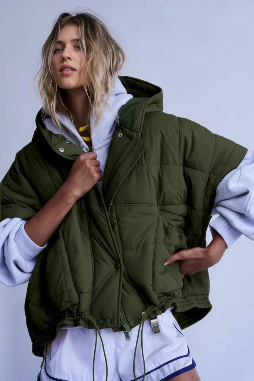 Women's Quilted Puffer Vest with Zip Up Hoodie Oversized Short Sleeves Jacket Casual Outdoor Gilet Outerwear