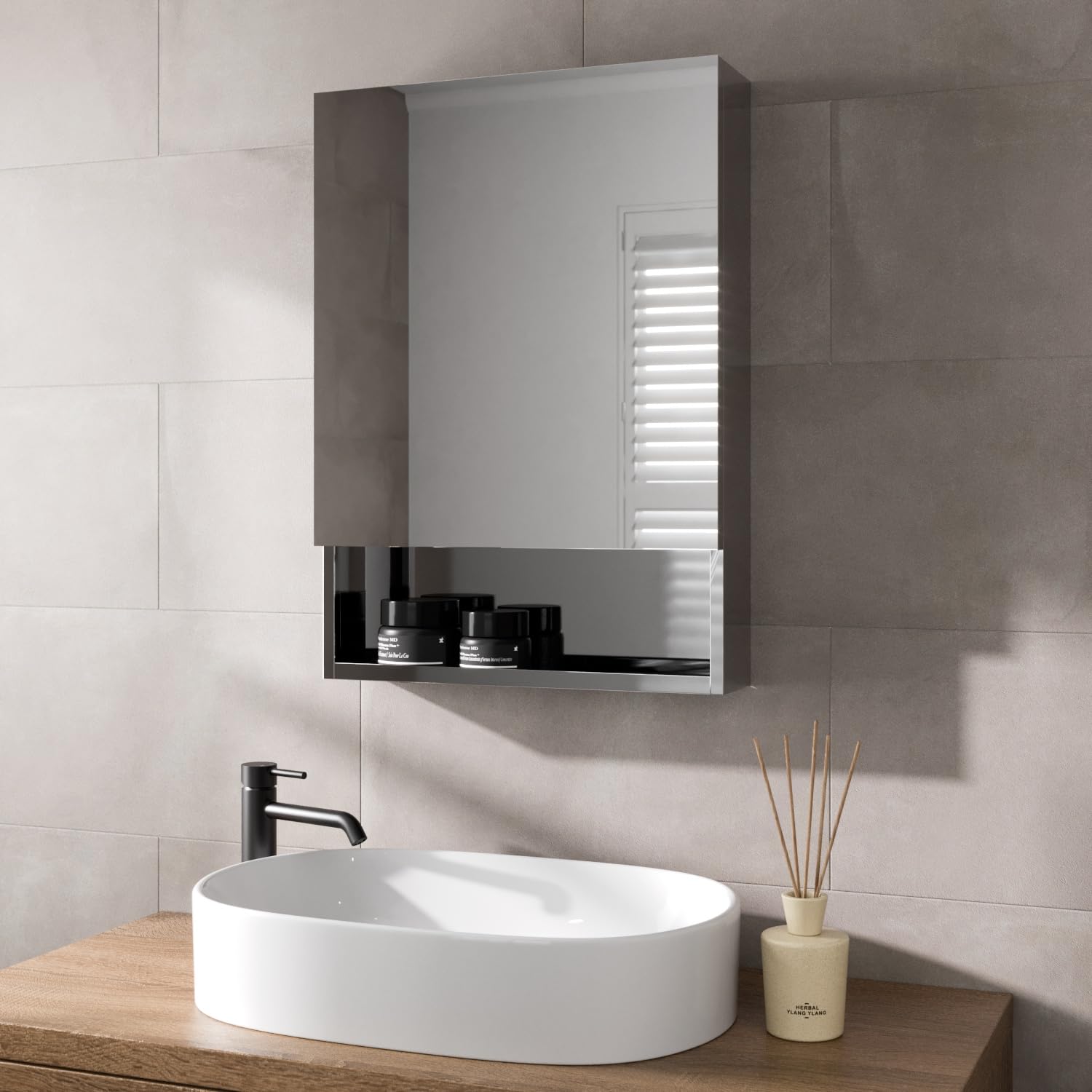 Vale Designs Stahl Single Door Stainless Steel Mirror Cabinet with Shelf 500 x 7
