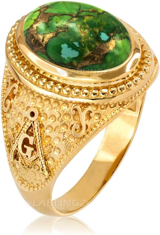 LA BLINGZ 14K Yellow Gold Masonic Green Copper Turquoise Ring