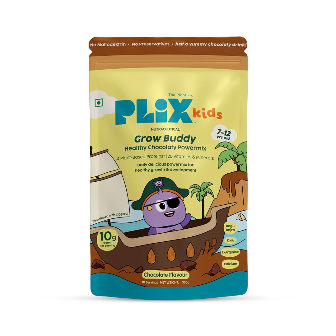 PLIX Kids GrowBuddy Chocolaty Powermix | 10g Protein | 20 Vitamins & Minerals | DHA & L-Arginine | Healthier Growth & Stronger Bones | Zero Refined Sugar | 7+ Years-image-41