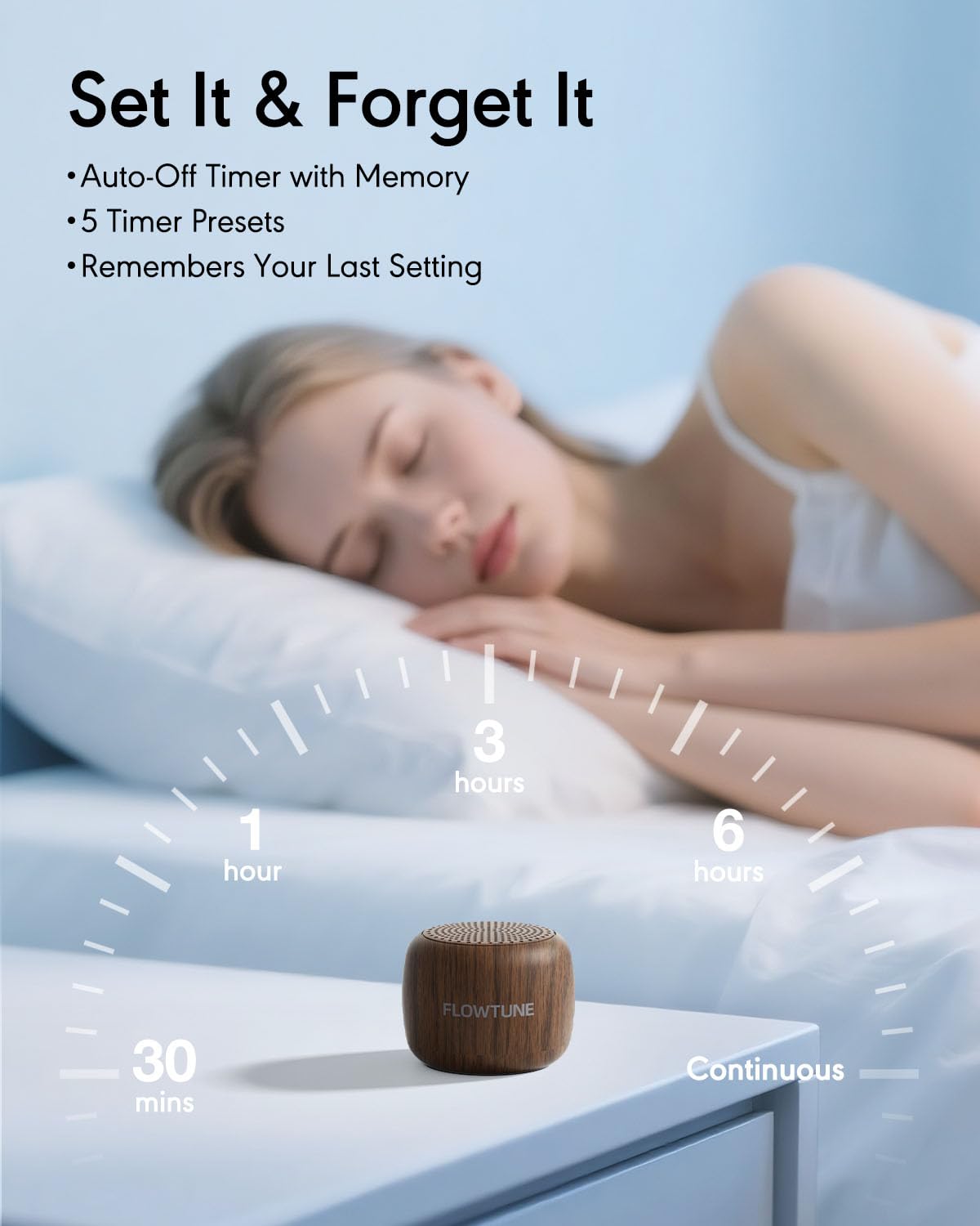 FLOWTUNE Máquina de sonido de ruido blanco para bebés adultos, 18 sonidos sin bucle, temporizador, función de memoria, regalo portátil de terapia de sonido para dormir (grano de madera)