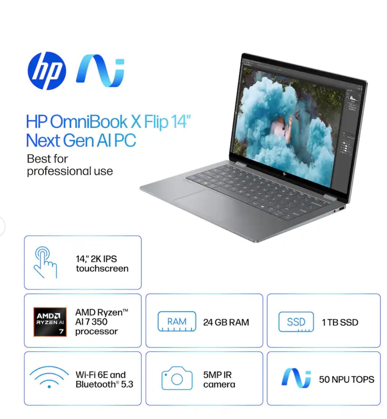 HP OmniBook X Flip 2-in-1 Laptop 14" WUXGA IPS Touchscreen 8-Core AMD Ryzen AI 7 350 24GB LPDDR5 1TB SSD AMD Radeon 860M Wi-Fi 6E Tastiera retroilluminata Win11 Home W/Mouse