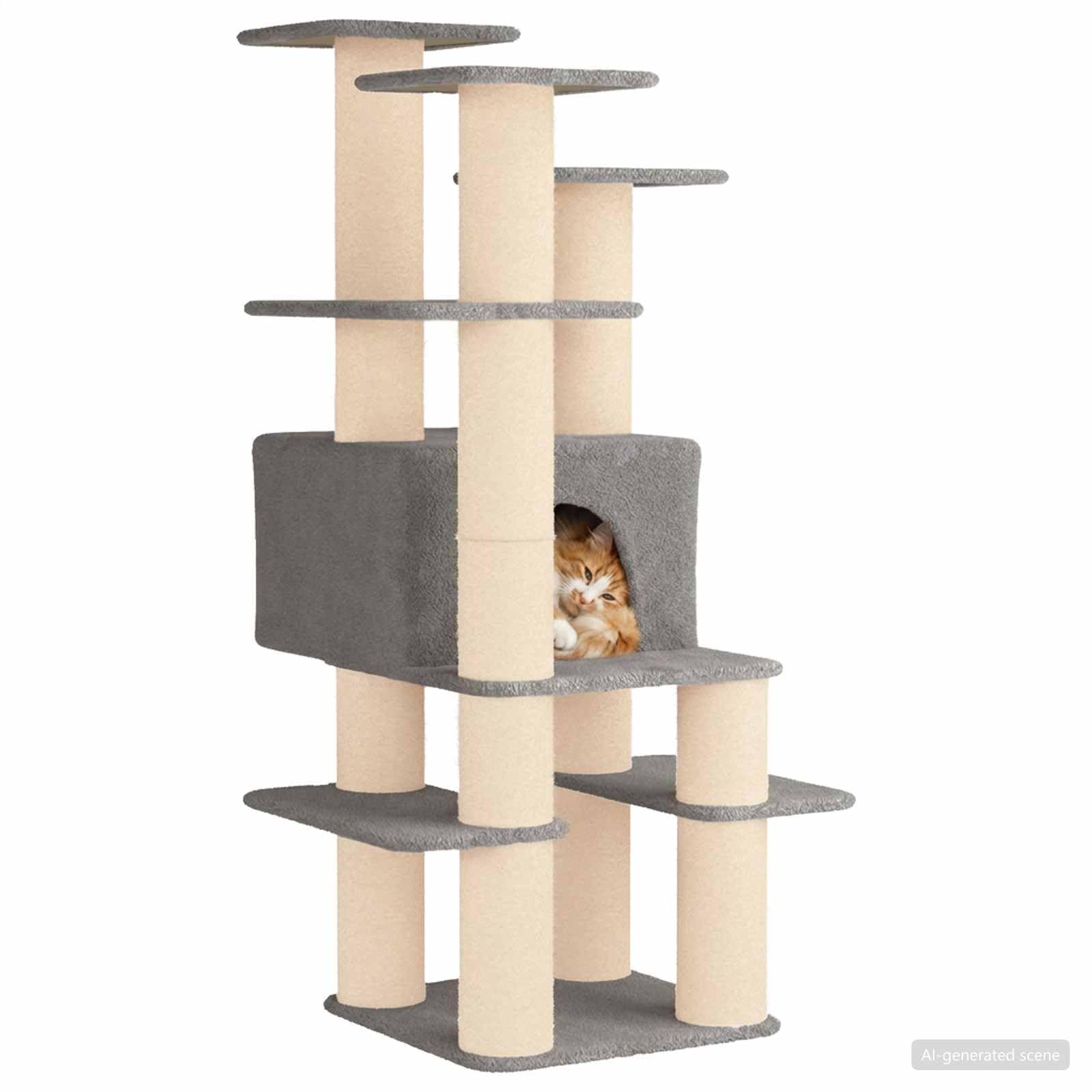 Árbol rascador de 161 cm, color gris claro, con cueva y tronco de sisal | Árbol rascador para gatos de varios niveles hecho de madera y felpa. Parque infantil ideal para la sala de estar.