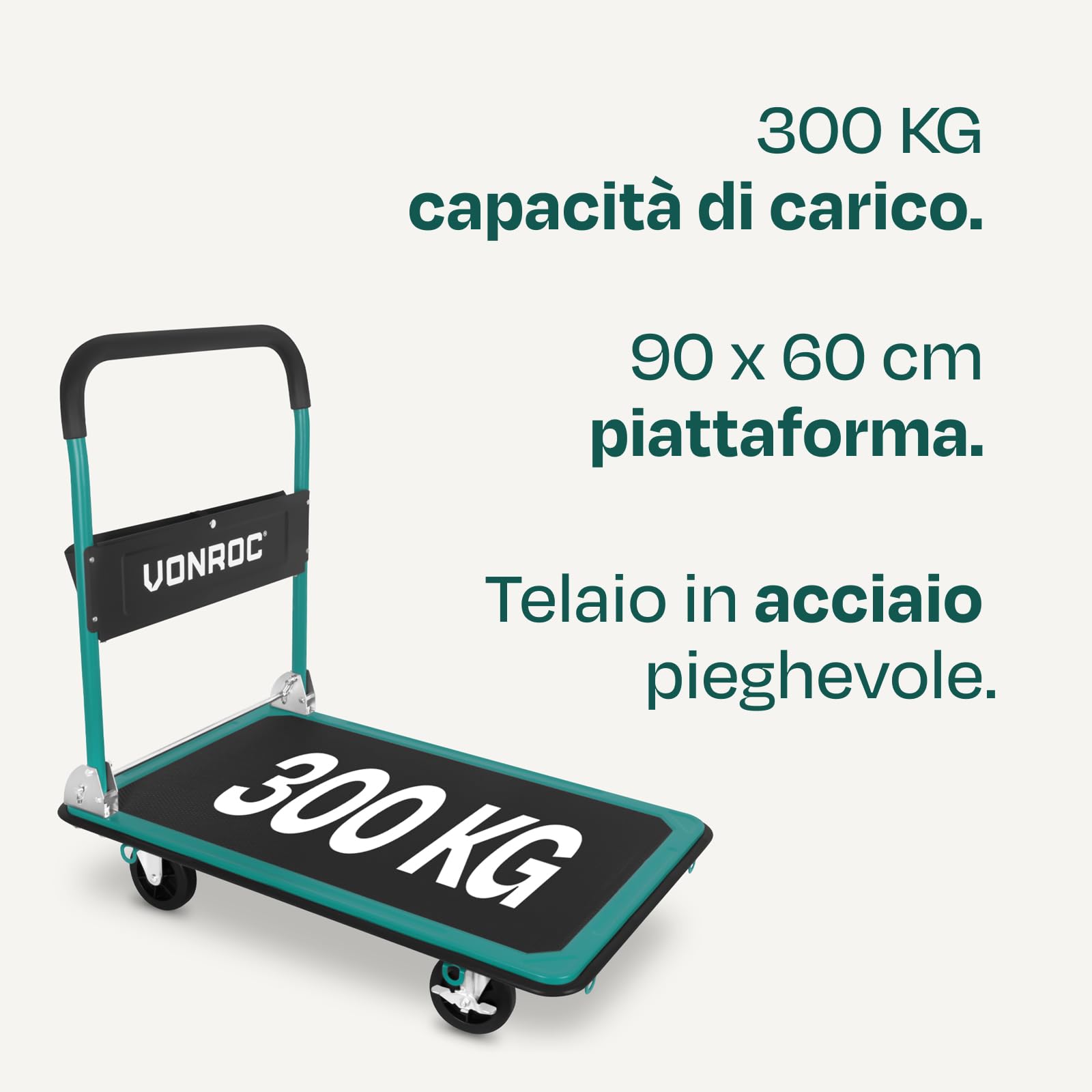 Carrello a Piattaforma Pieghevole 300 kg – Carrello da Trasporto in Acciaio con Ruote e Freni, Piano 90x60 cm – Ideale per Magazzino, Officina, Garage e Traslochi