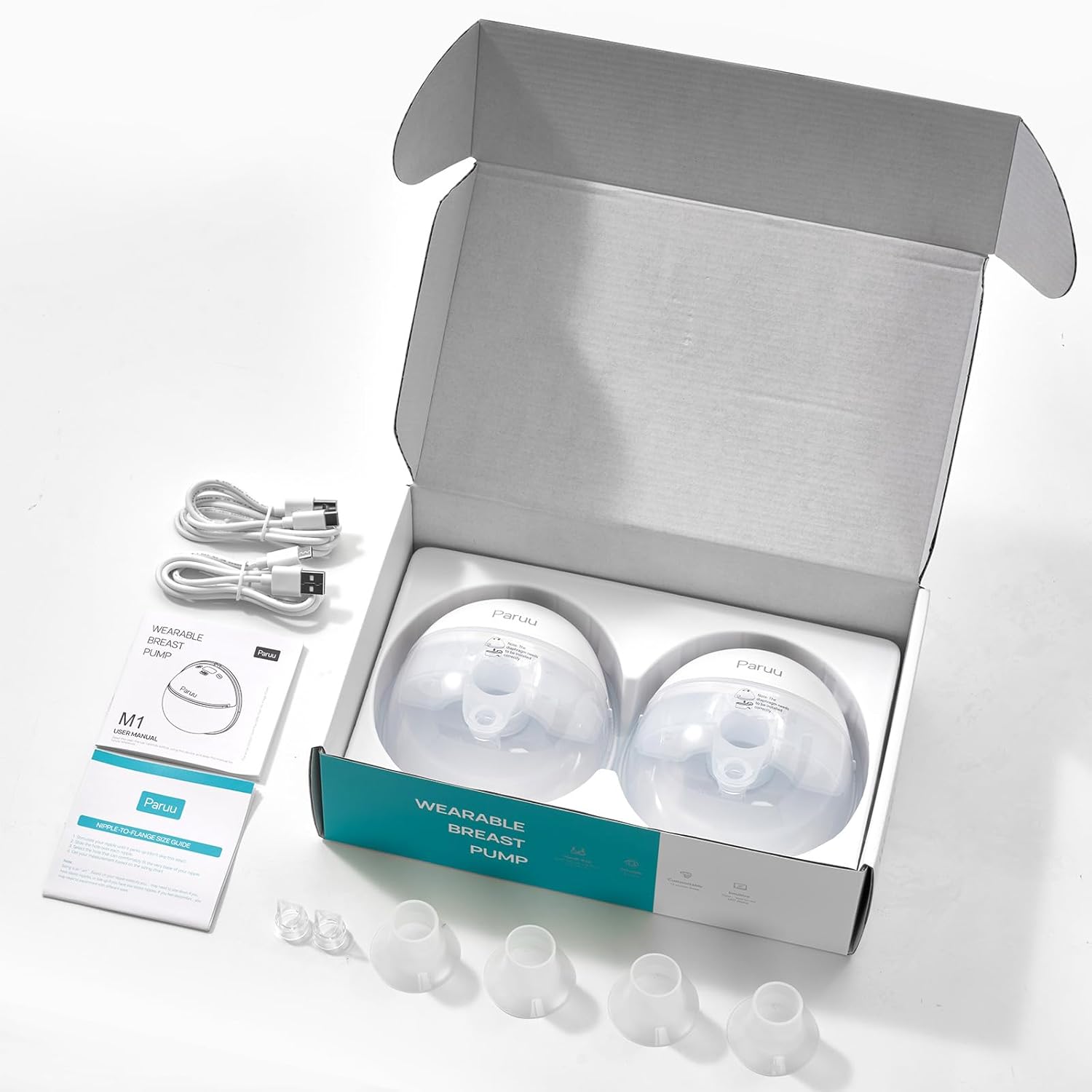 Contents of the Paruu P16 Wearable Breast Pump box, including two pump units, charging cables, flange inserts, and user manual.