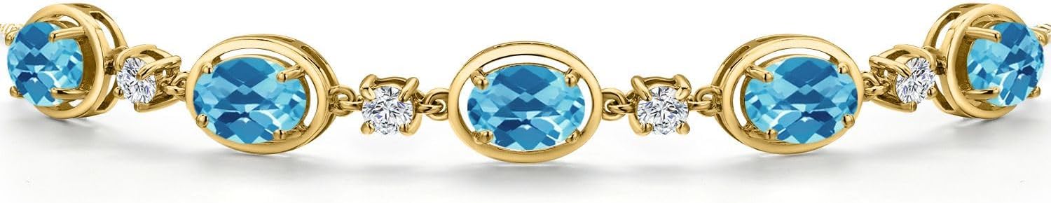 Gem Stone King 18K Yellow Gold Plated Silver Swiss Blue Topaz and Lab Grown Diamond Bracelet For Women | 5.40 Cttw | Gemstone Birthstone | Oval Checkerboard 7X5MM | Fully Adjustable 9 Inch