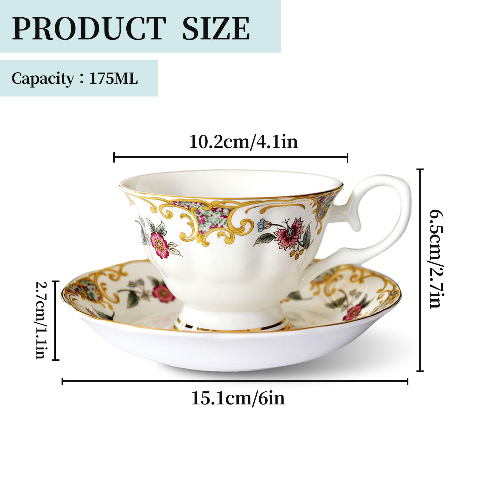 Lot de 2 tasses à café en porcelaine anglaise avec soucoupes de 200 ml - Motif floral - Tasse à thé - Cadeau pour le thé de l'après-midi (C)