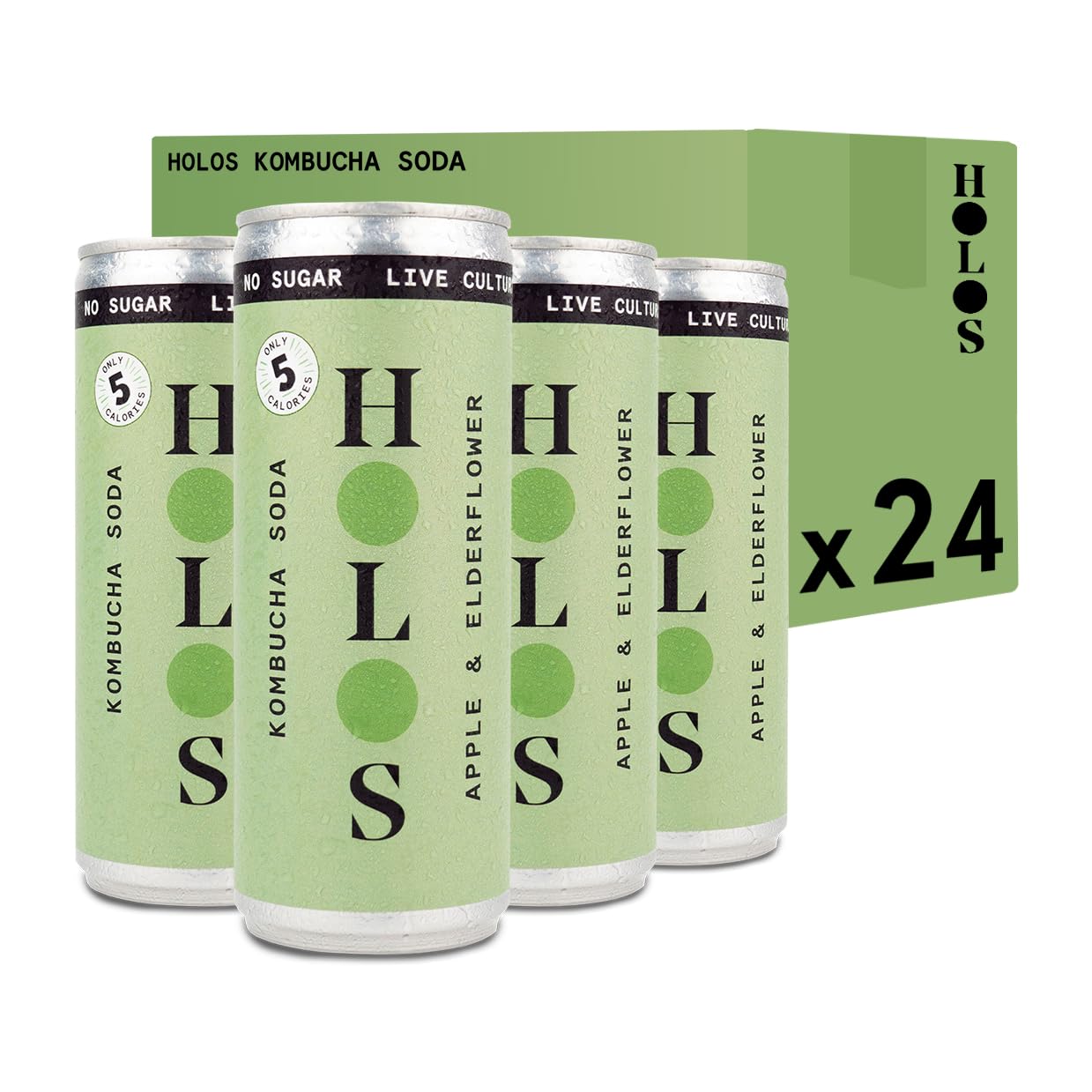HOLOSKombucha Soda - Apple & Elderflower Sparkling Kombucha Drink - Vegan Sugar Free Drinks - Gluten Free Live Culture Drink - 24 x 250ml Kombucha Cans