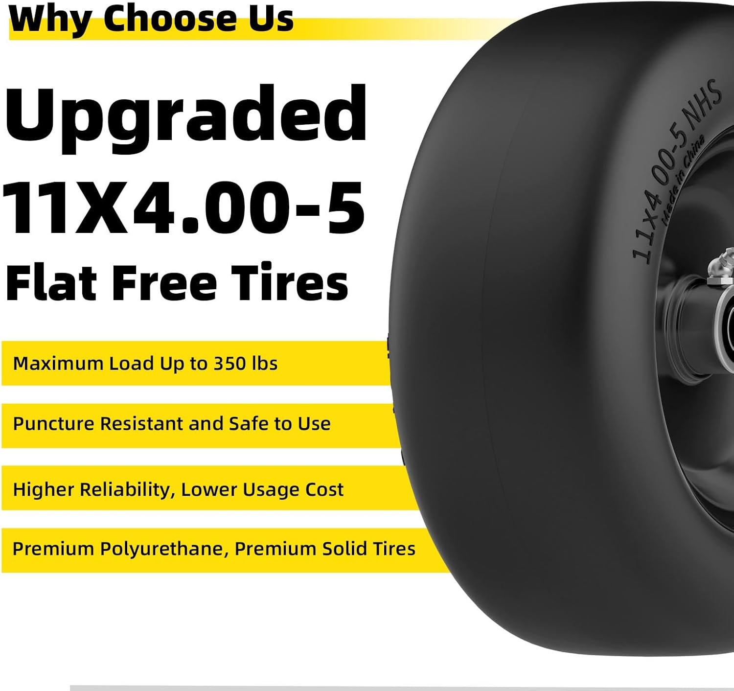 11x4.00-5 Lawn Mower Tires Flat Free, Zero Turn Mower Front Tires, 11x4-5 Solid Mower Wheel for Residential and Commercial, 3/4 and 5/8 Bearing, 3.4-5 Center Hub, 2Pack Black, 350Lbs
