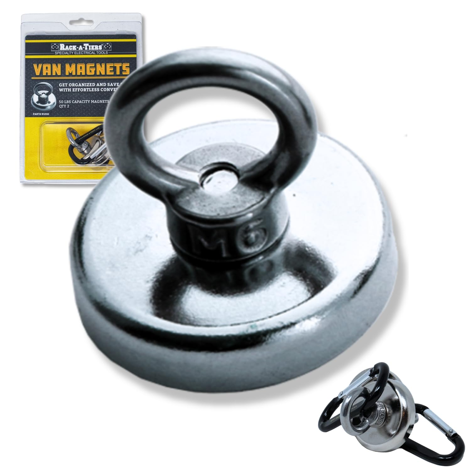 Rack-A-Tiers Racky Van Magnets 50 lbs 2 Pack (RV050) - Magnetic Tool Holder for Vans, Electrician Van Magnet, 50 lbs Magnet Hook with Carabiner