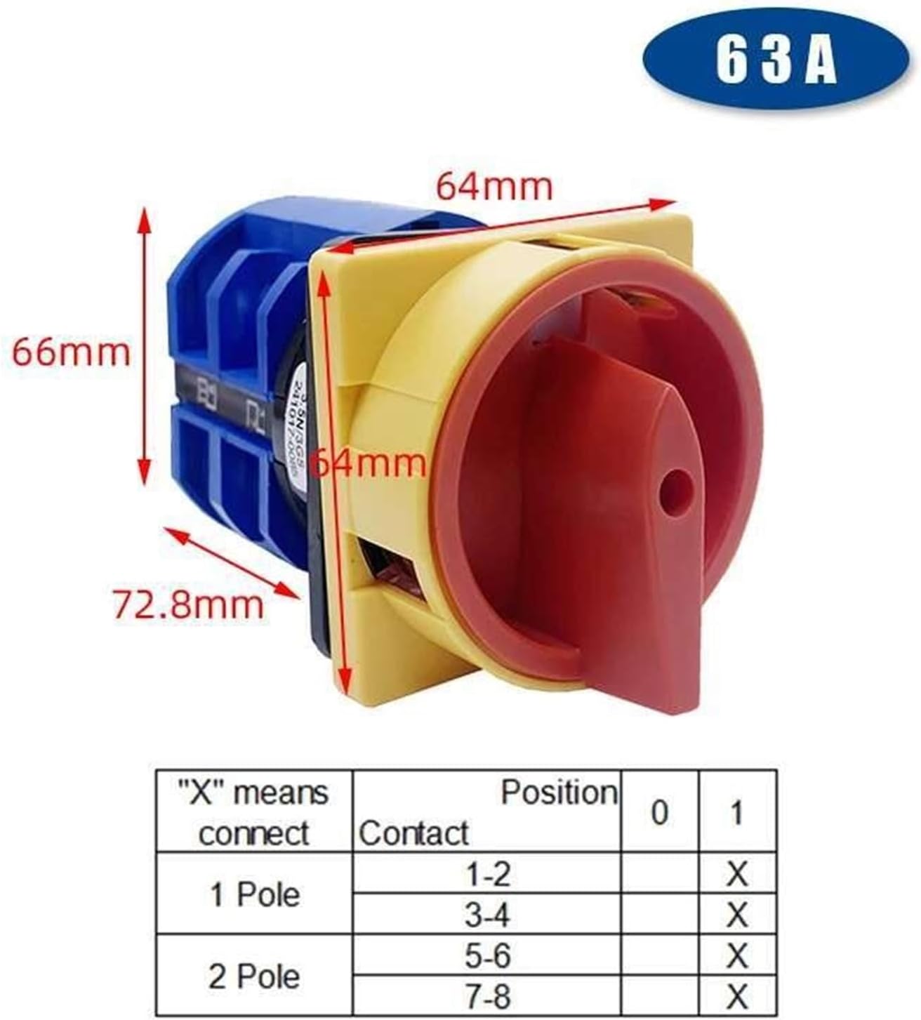 63A Padlock Isolator Changeover Rotary Cam Switch Power Cut-Off Knob Master Control Circuit Off-ON LW28 YMW26 LW26GS(2P 8Terminals)