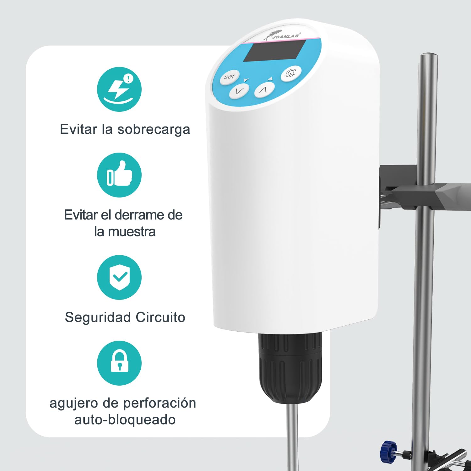 JOANLAB Batidora digital de laboratorio eléctrico con soporte de acero inoxidable y varilla agitadora, velocidad ajustable de 100 – 2000 rpm, capacidad de 20 L, 30000 mPas, potente para líquidos de