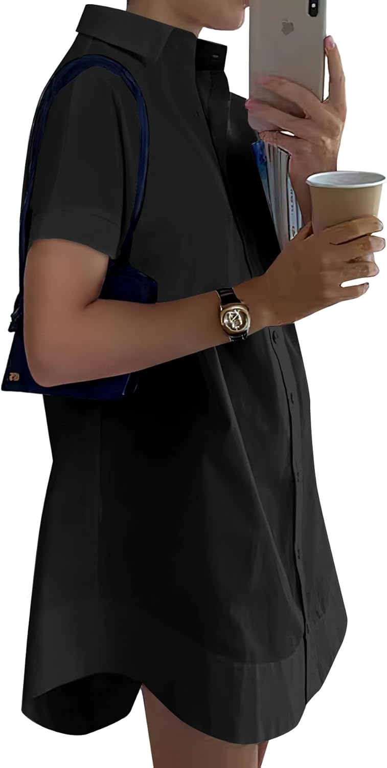 Rooscier Women's Casual Shirt Dress Collar V Neck Button Down Short Sleeve Loose Mini Dresses - Image 3