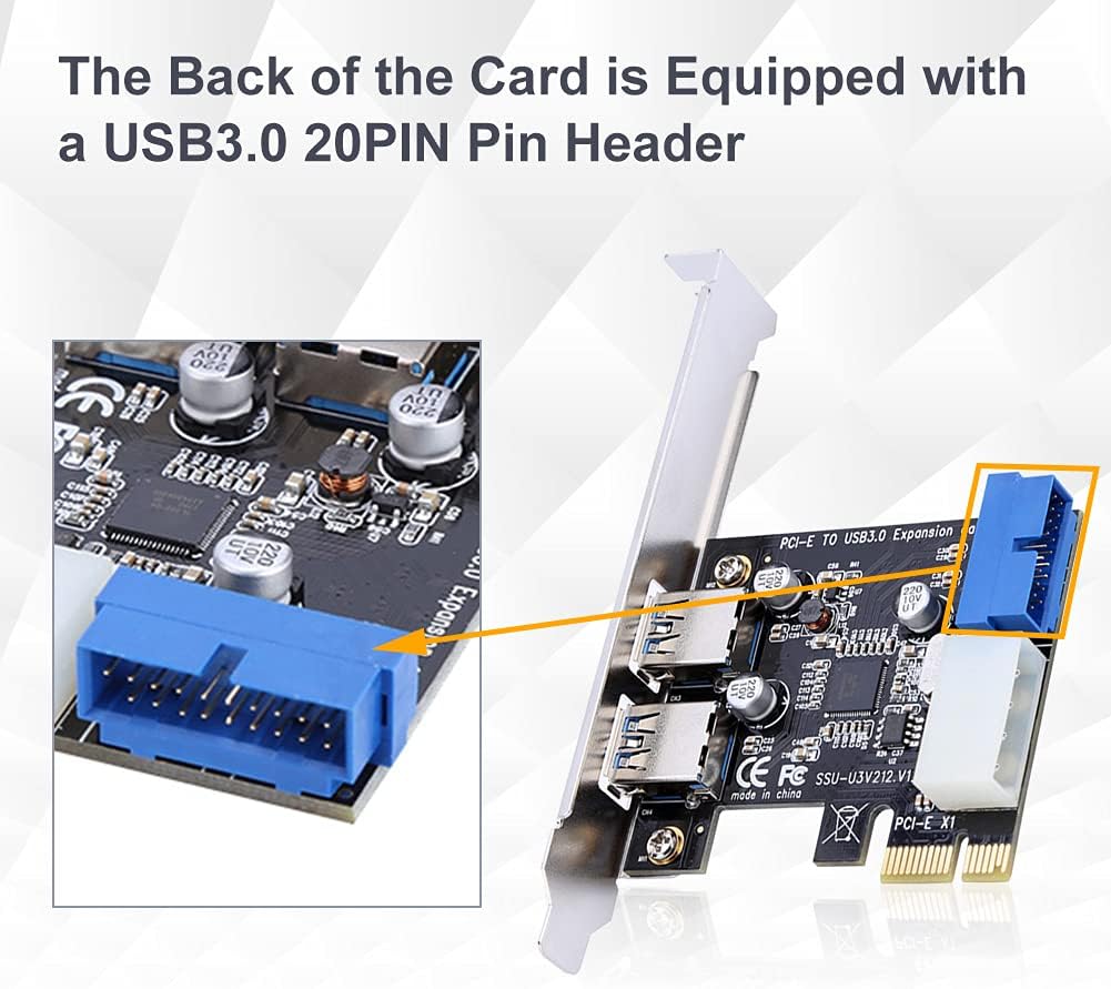 PCI-E to USB 3.0 PCI Express Card, 5 Gbps 2-Port PCIe to USB Expansion Card Adapter with Front 19PIN Power Connector Interface for Desktops