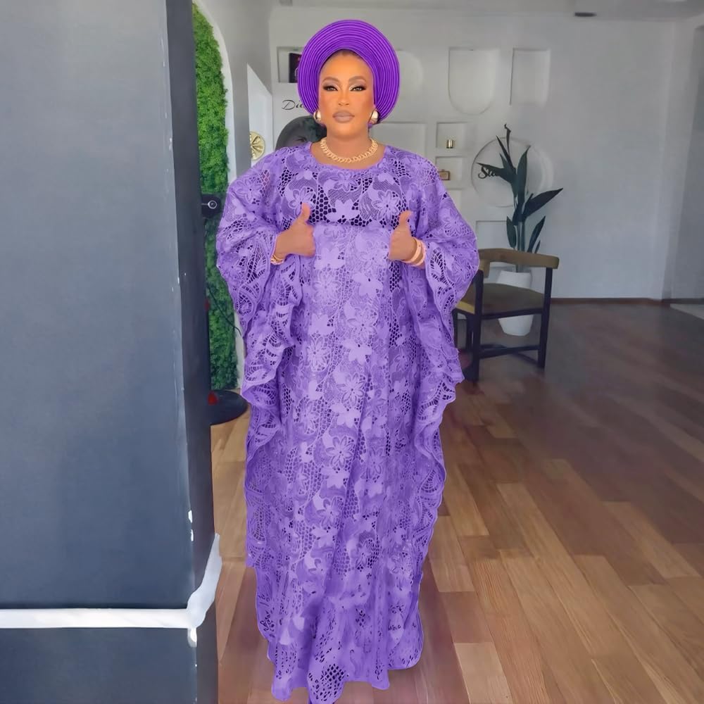 HD Women's Solid Color Lace Kaftan Dress Embroidery Rhinestone Evening Party Gown Plus Size - Image 2