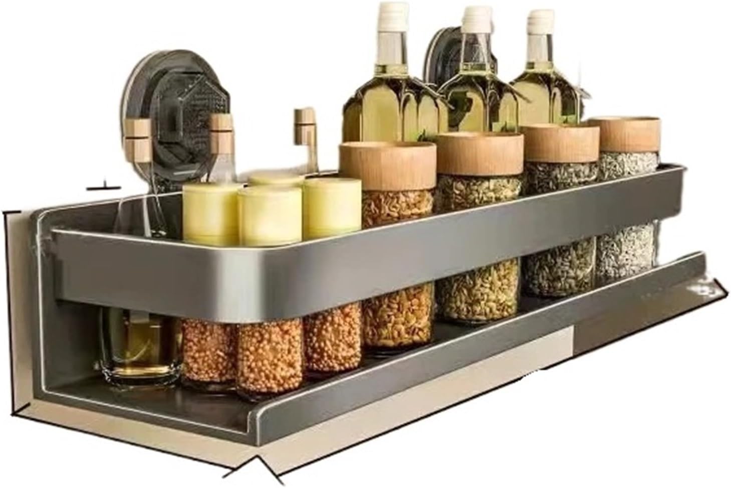 Suction Cup Kitchen Shelf Aluminum Spice Storage Rack Wall Mounted Seasoning Organizer No Drilling(50cm)