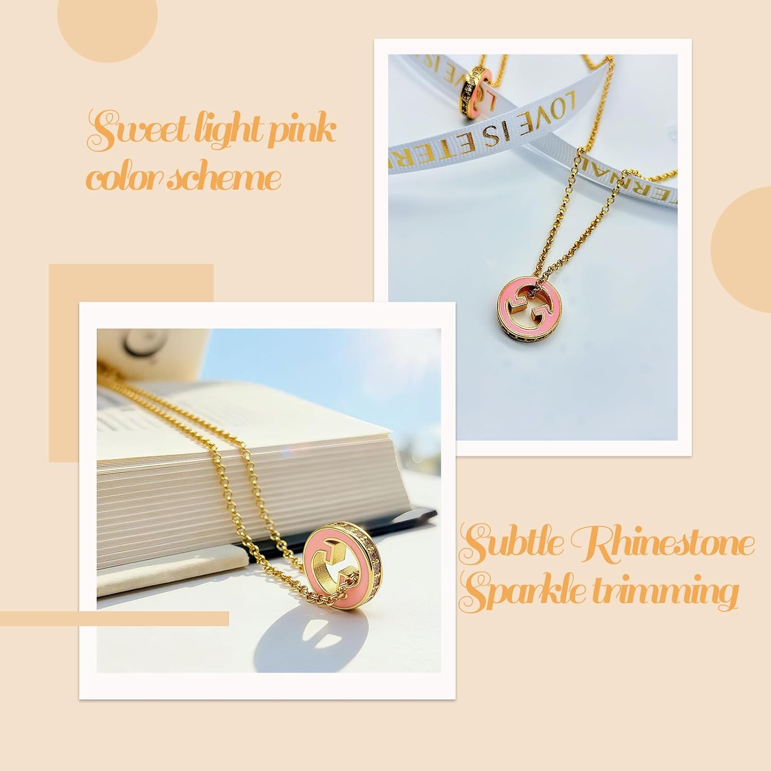 18K Gold Plated Copper Pink Enamel Round Pendant Necklace for Women, Geometric Hollow Charm with Rhinestone Edge, Adjustable Chain Minimalist Jewelry - Image 4